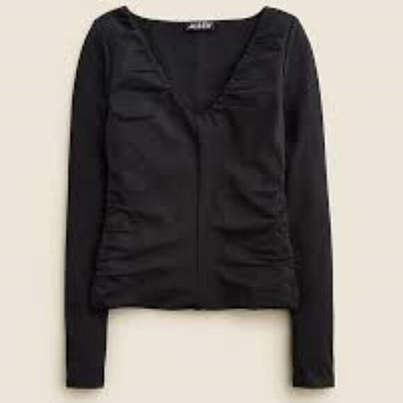 JCrew Black Stretch cotton blend ruched V-neck top, NWT, size M - Picture 1 of 4